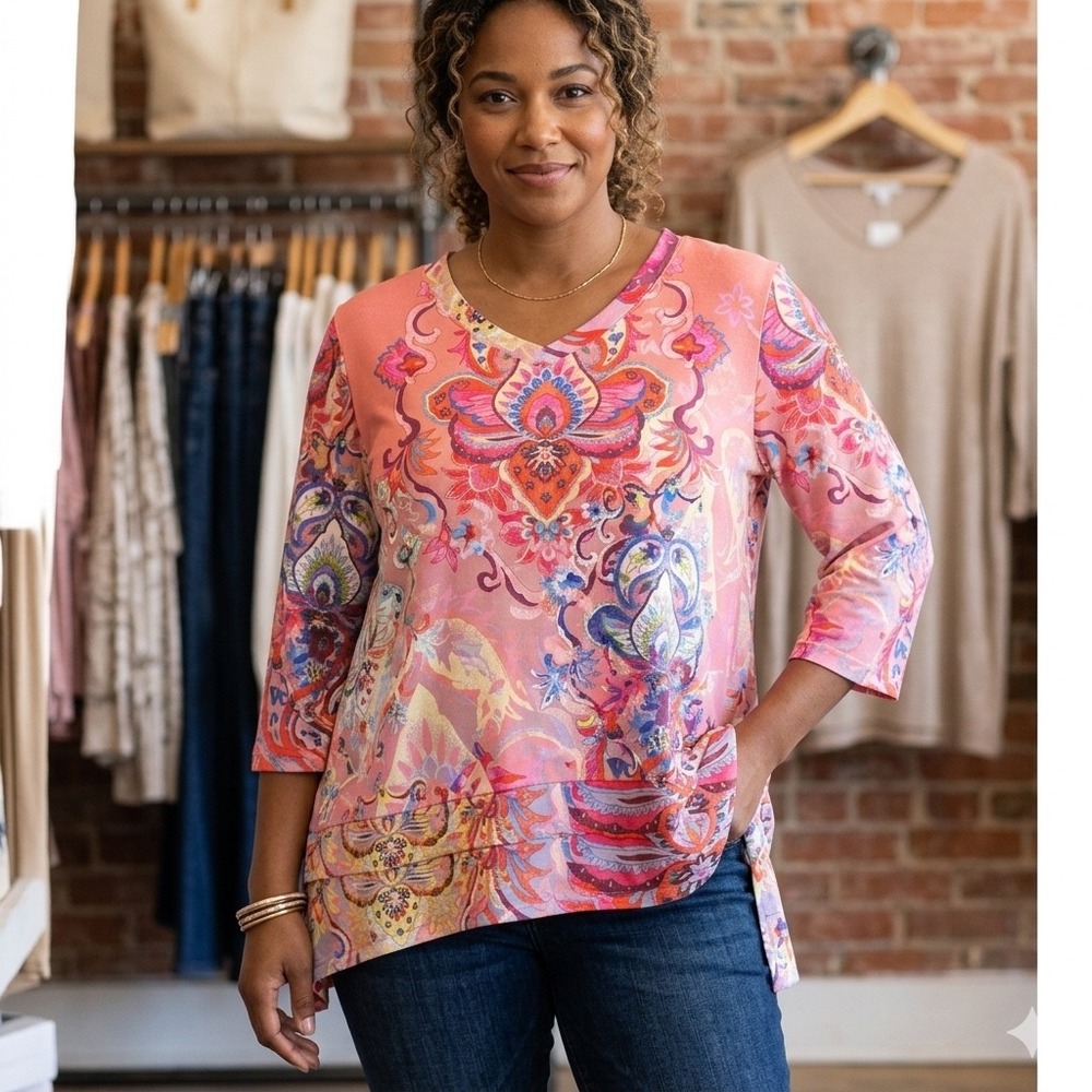Soft Surroundings Womens Size PXL Petities Tunic Top Pink Paisley Medallion Boho